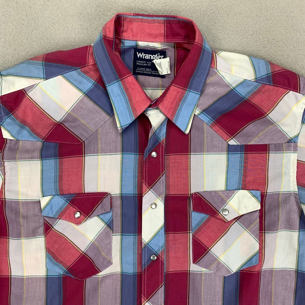 Vintage Wrangler Shirt Mens XL‎ Plaid Pearl Snap Long Sleeve Western Cowboy Cut